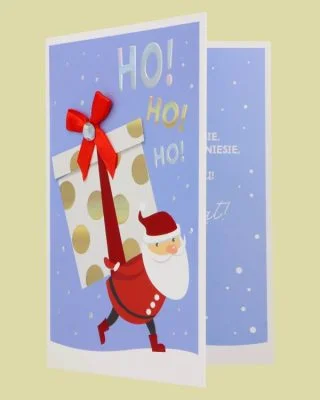 Ho! Ho! Ho! Kartka z Mikołajem niosącym prezenty dla Twoich bliskich
