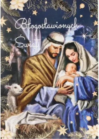 Kartka z wizerunkiem Świętej Rodziny, złotymi gwiazdami i życzeniami "Błogosławionych Świąt".