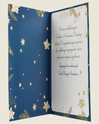 Kartka z wizerunkiem Świętej Rodziny, złotymi gwiazdami i życzeniami "Błogosławionych Świąt".