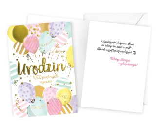 Kartka urodzinowa w pasteloych kolorach z balonikami