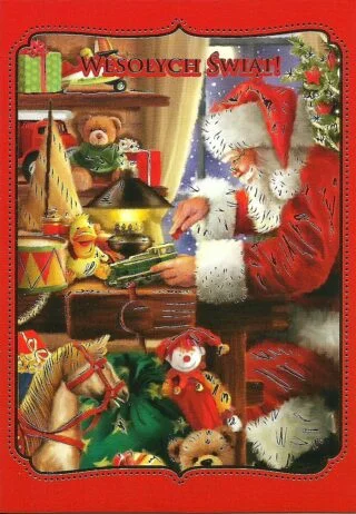 Karteczka z okazji Świąt Bożego Narodzenia z roześmianym Mikołajem