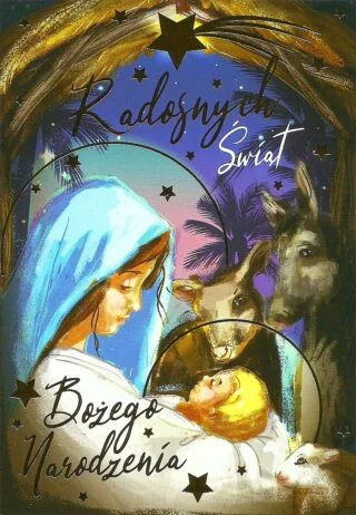 Kartka z okazji świąt Bożego Narodzenia, religijna z Matką Boską i Dzieciątkiem