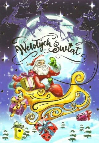 Karteczka z życzeniami wesołych Świąt Bożego Narodzenia o świeckim charakterze, ze Świętym Mikołajem