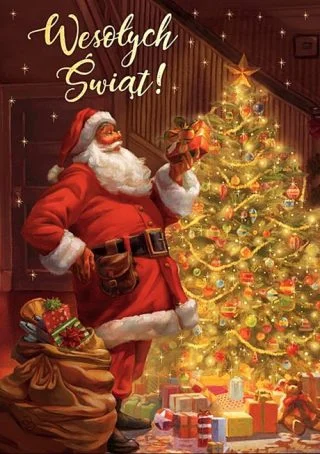 Kartka na Boże Narodzenie dedykowana dla dzieci z postacią Mikołaja