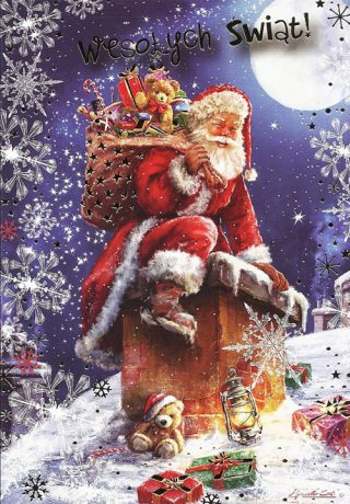 Kartka na Boże Narodzenie dedykowana dla dzieci z Mikołajem i prezentami
